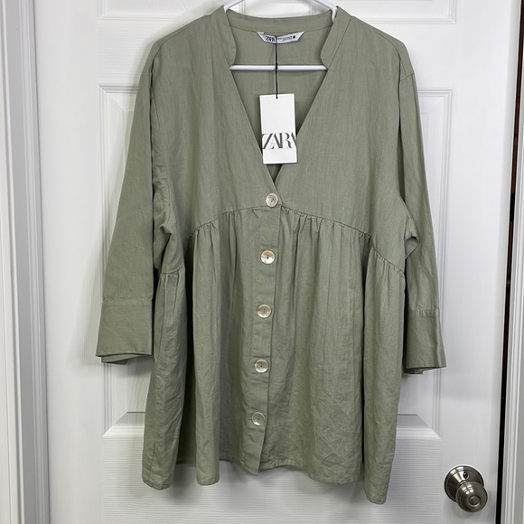 Zara Tops - NWT Zara Sage Linen Tunic Top with Mother of Pearl Buttons Oversized Beachy